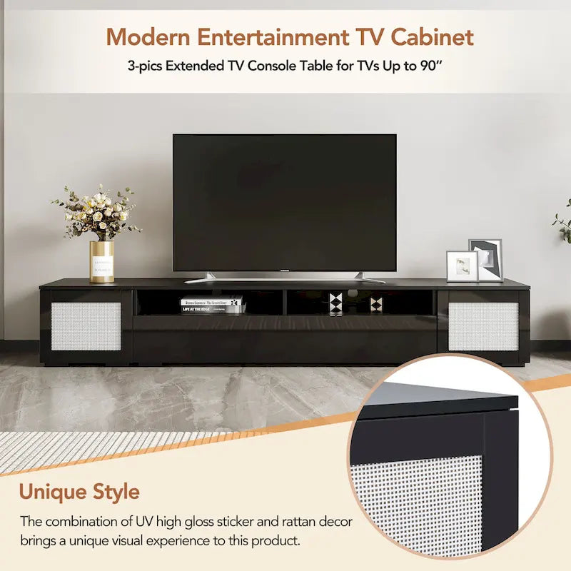 Mobile TV nero da 82,6" con ante a pressione e luci a LED per TV fino a 90"