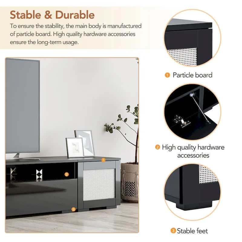 Mobile TV nero da 82,6" con ante a pressione e luci a LED per TV fino a 90"