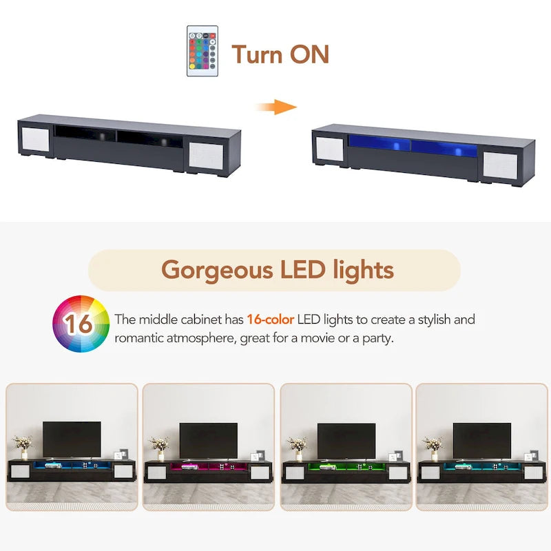 Mobile TV nero da 82,6" con ante a pressione e luci a LED per TV fino a 90"