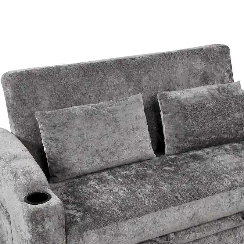 Divano letto convertibile in ciniglia a due posti con schienale regolabile, porte USB e portabicchieri