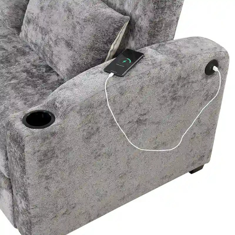Divano letto convertibile in ciniglia a due posti con schienale regolabile, porte USB e portabicchieri