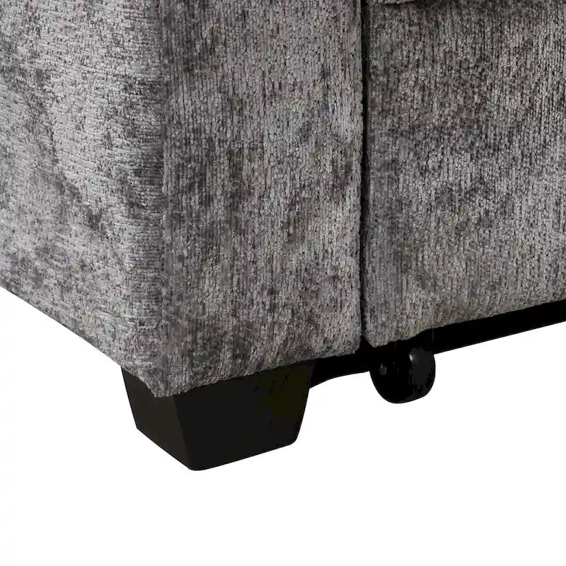 Divano letto convertibile in ciniglia a due posti con schienale regolabile, porte USB e portabicchieri