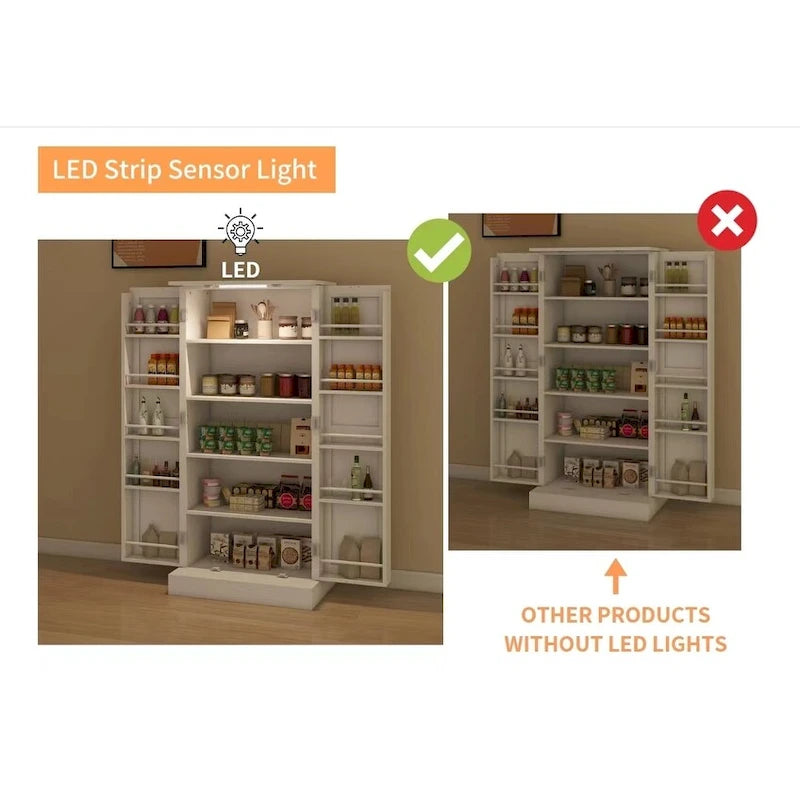 Credenza per dispensa da cucina a 50 LED, mobiletto a buffet autoportante con 2 ante con ripiani e 2 mensole regolabili