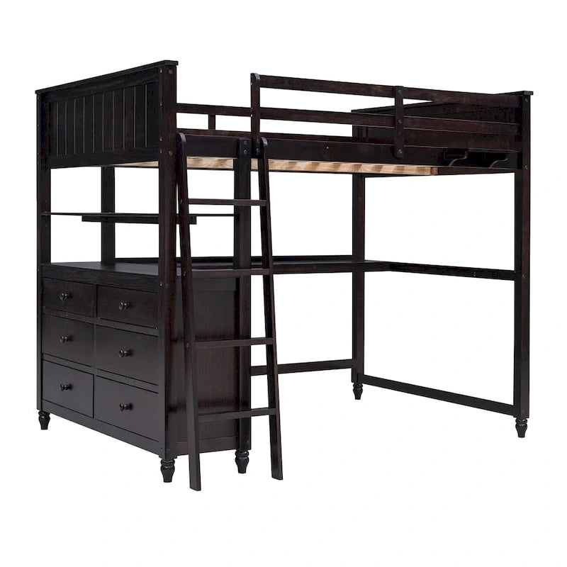 Letto a soppalco a grandezza naturale con cassetti e scrivania, letto a soppalco in legno con mensole