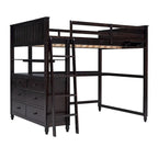 Letto a soppalco a grandezza naturale con cassetti e scrivania, letto a soppalco in legno con mensole