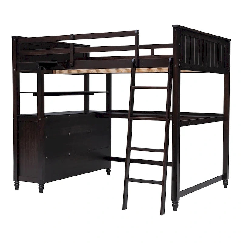 Letto a soppalco a grandezza naturale con cassetti e scrivania, letto a soppalco in legno con mensole