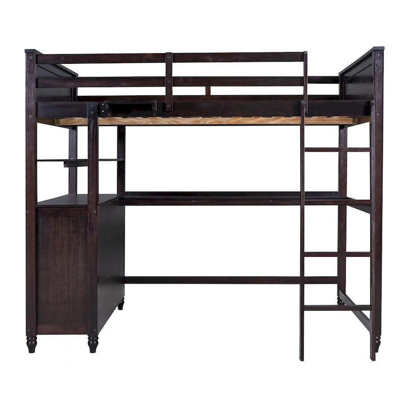 Letto a soppalco a grandezza naturale con cassetti e scrivania, letto a soppalco in legno con mensole