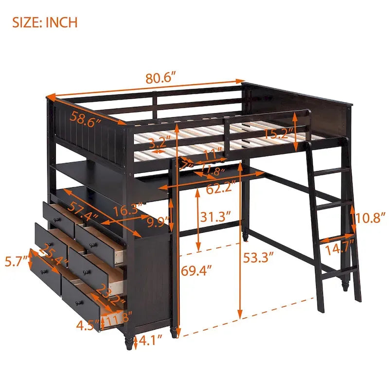 Letto a soppalco a grandezza naturale con cassetti e scrivania, letto a soppalco in legno con mensole