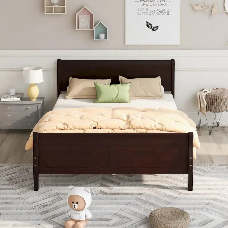 Letto a piattaforma matrimoniale in legno con testiera e supporto a doghe in legno, rovere