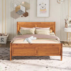 Queen Size Wood Platform Bed with Headboard and Wooden Slat Support, Oak