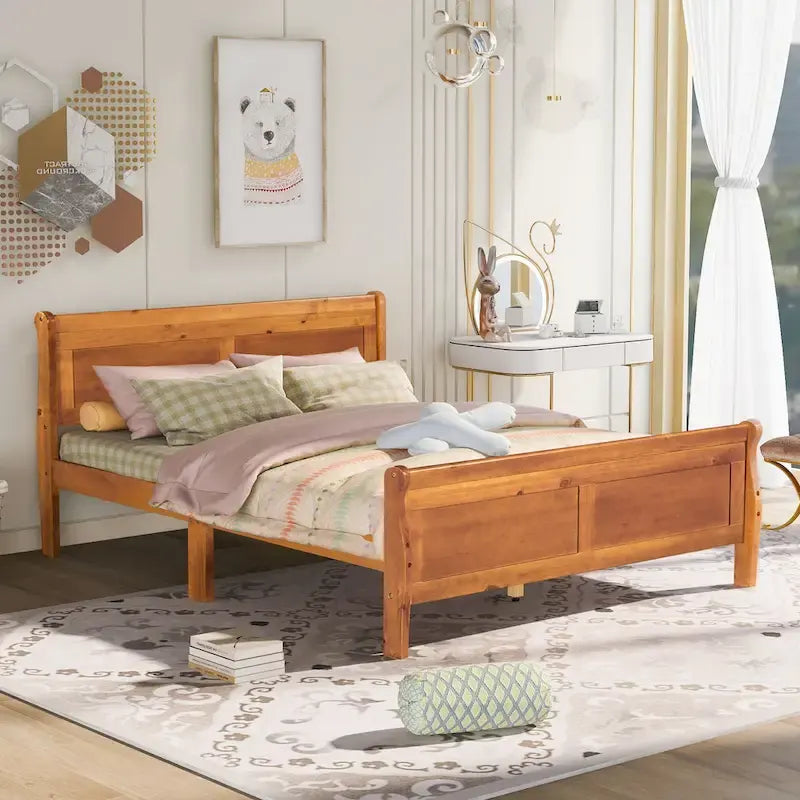 Letto a piattaforma matrimoniale in legno con testiera e supporto a doghe in legno, rovere