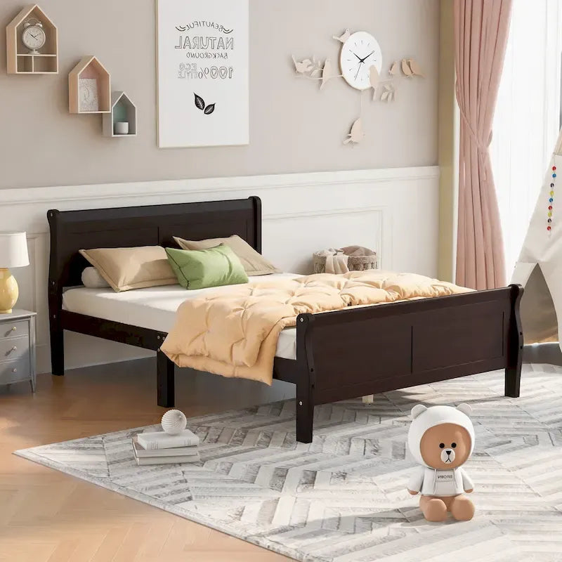 Letto a piattaforma matrimoniale in legno con testiera e supporto a doghe in legno, rovere