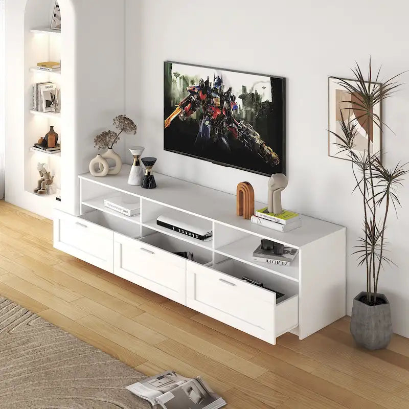 Mobile porta TV bianco da 70" con ripiani aperti e cassetti per il soggiorno