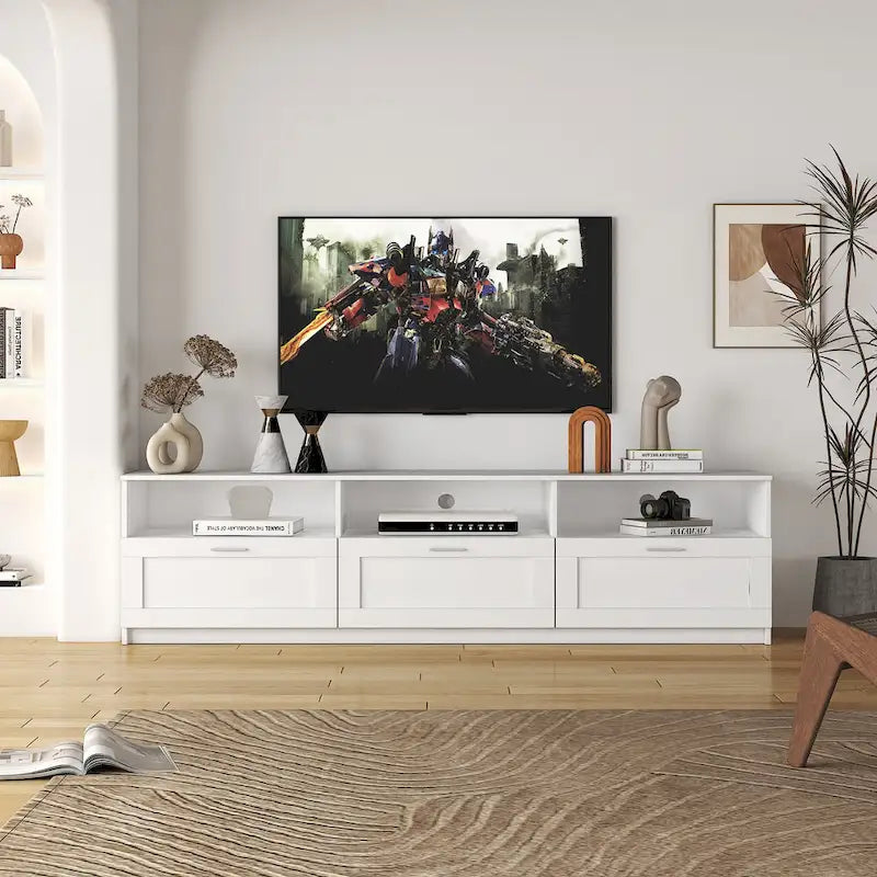 Mobile porta TV bianco da 70" con ripiani aperti e cassetti per il soggiorno