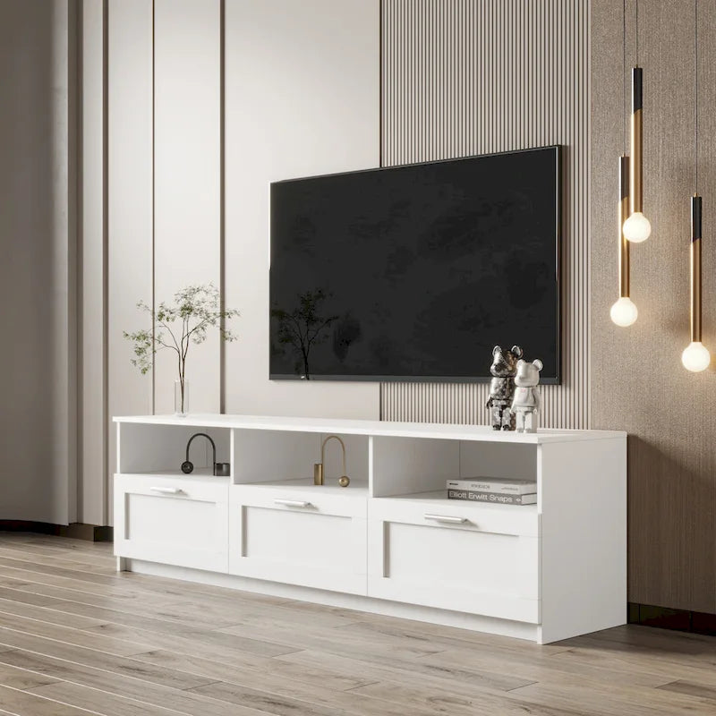 Mobile porta TV bianco da 70" con ripiani aperti e cassetti per il soggiorno