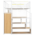Letto a soppalco Twin/Full Size con scrivania integrata, armadio e scala contenitore, struttura in metallo con luce LED e rete metallica