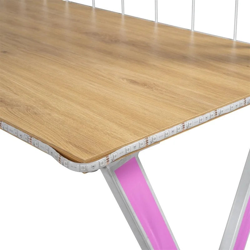 Letto a soppalco Twin/Full Size con scrivania integrata, armadio e scala contenitore, struttura in metallo con luce LED e rete metallica