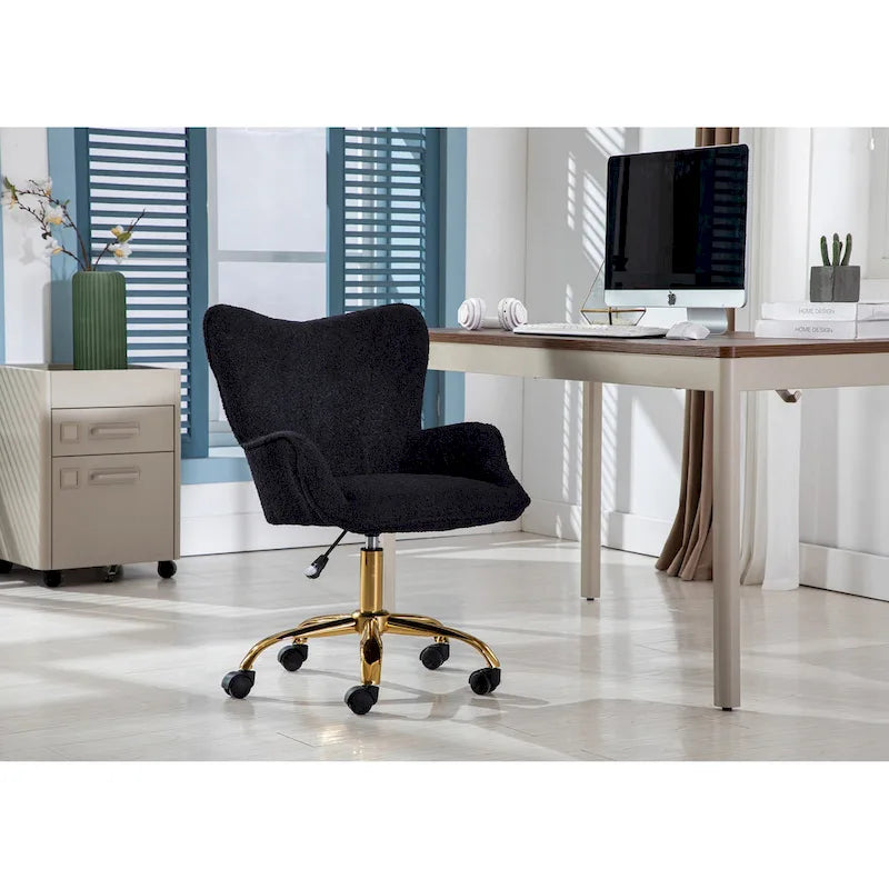  Tyra Swivel Office Chair, Teddy Fabric, Gold Chrome Legs