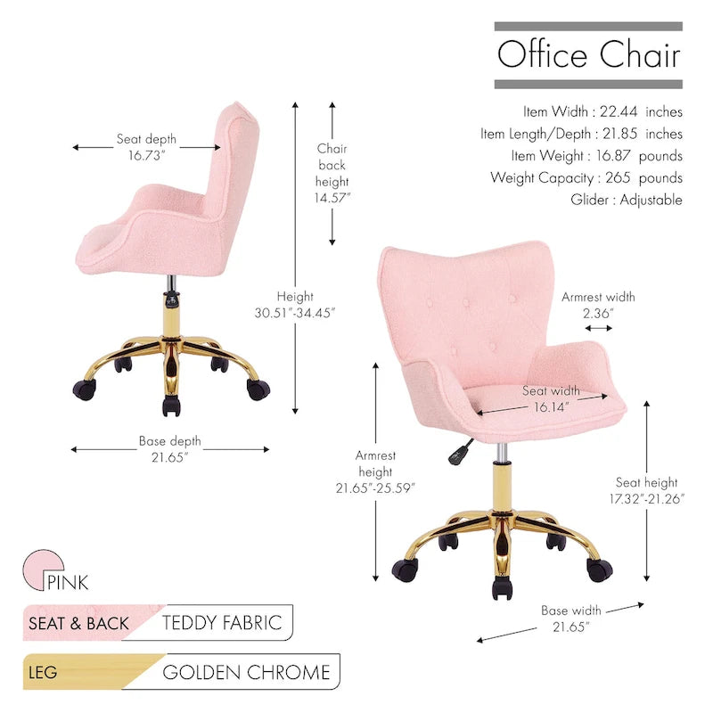 Sedia da Ufficio Girevole, Tessuto Teddy, Gambe Cromate Oro