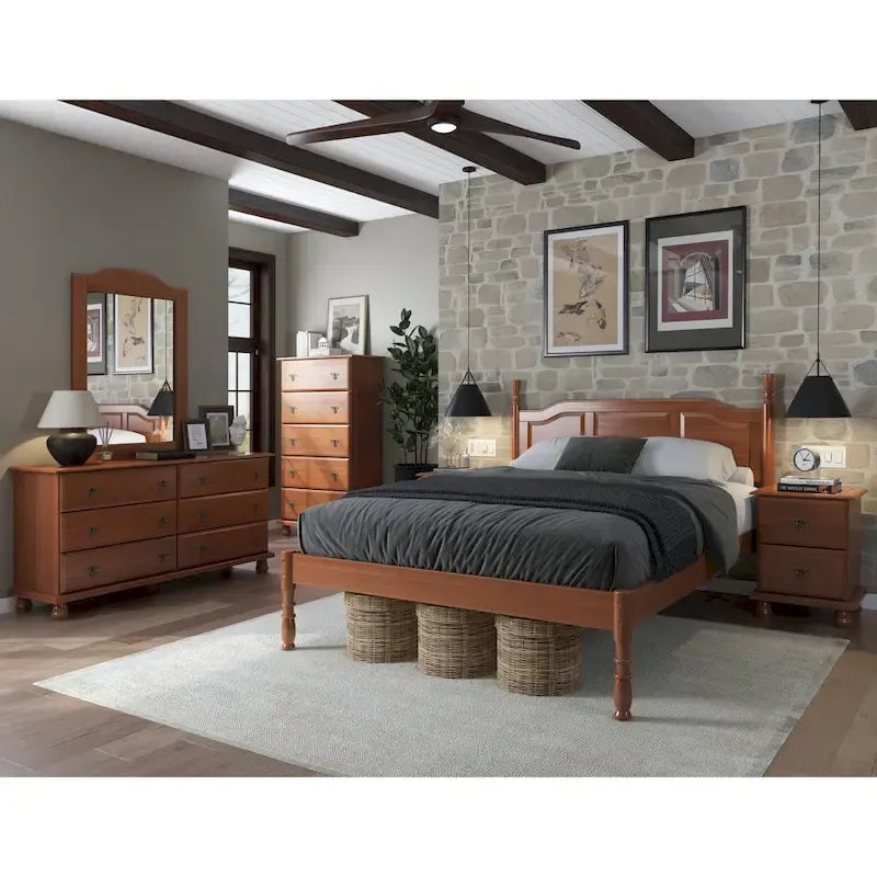 Letto matrimoniale Kyle 100% legno massello con pannelli rialzati e colonne tornite
