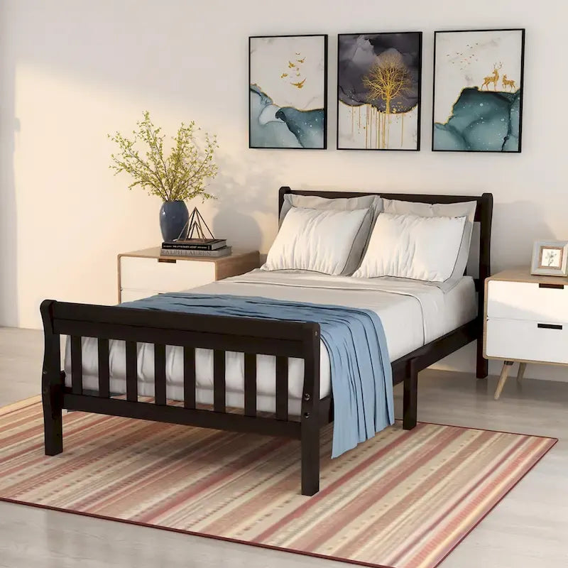 Letto a piattaforma in legno con testiera e pediera