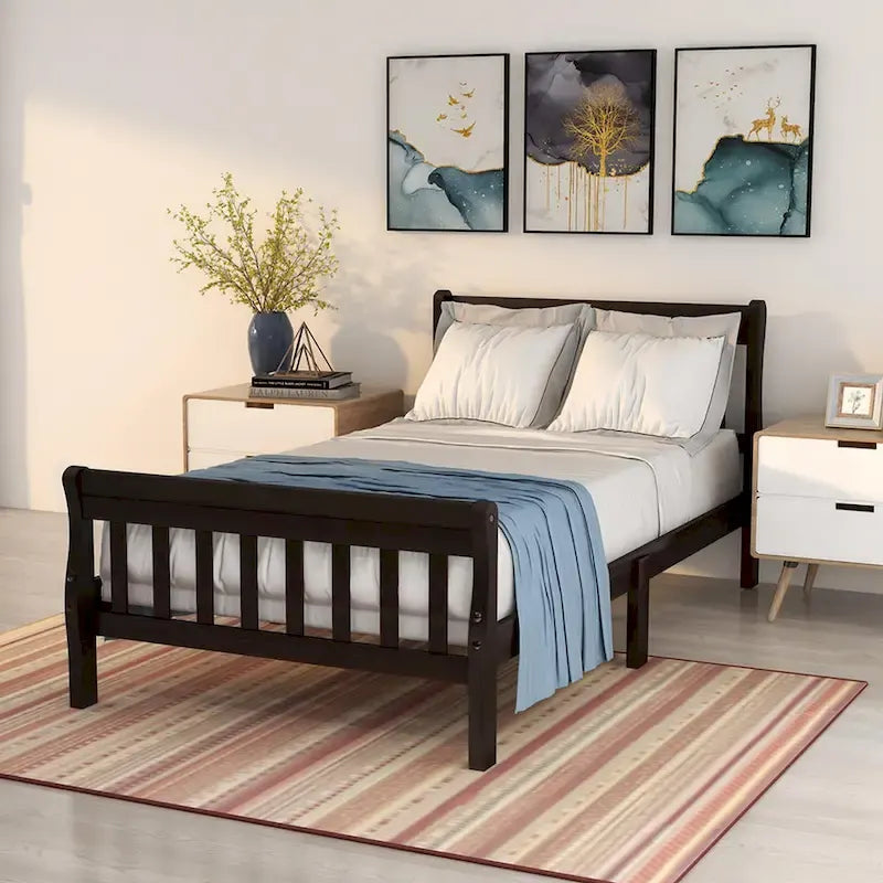 Letto a piattaforma in legno con testiera e pediera