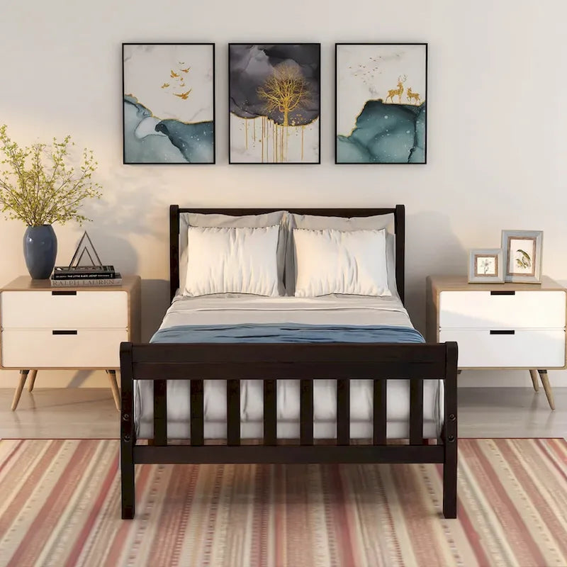Letto a piattaforma in legno con testiera e pediera