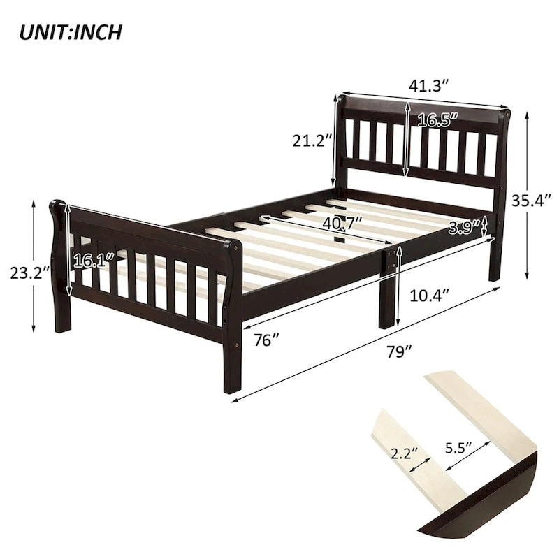 Letto a piattaforma in legno con testiera e pediera