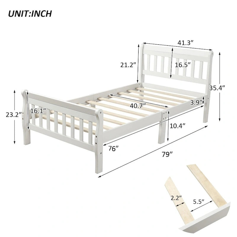 Letto a piattaforma in legno con testiera e pediera