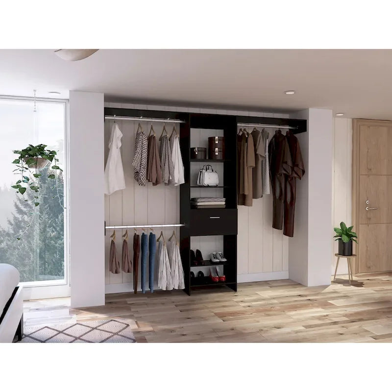  Cross Closet System with Drawer, 3 Metal Rods, and 5 Open Shelves