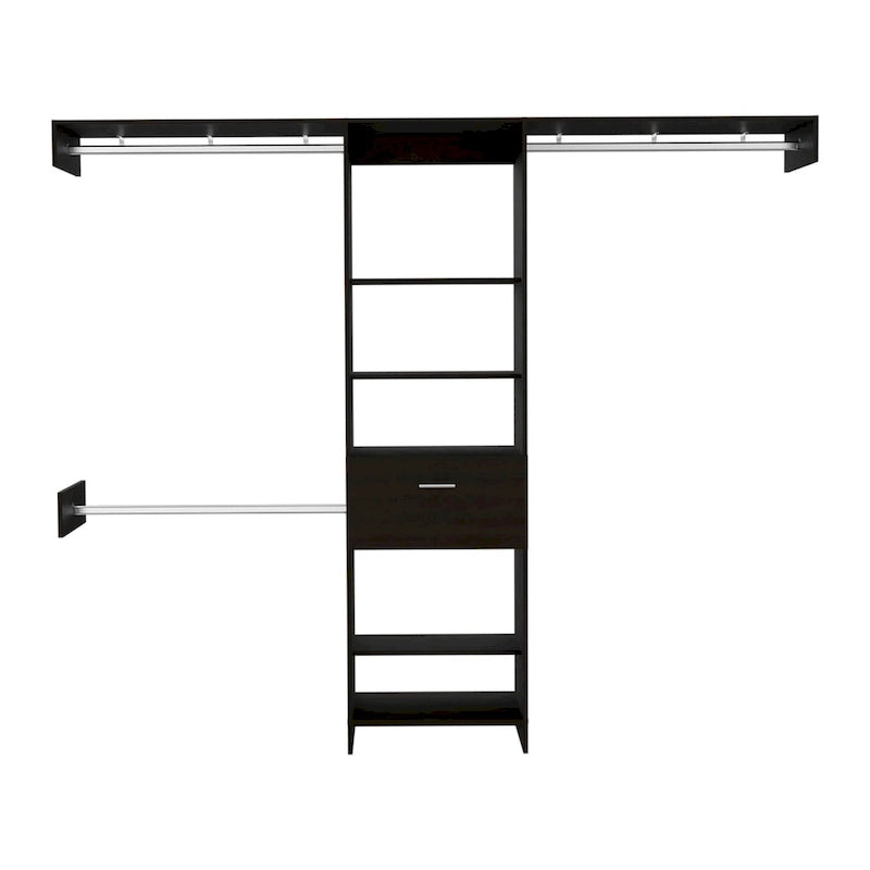 Sistema Armadio Cross con Cassetto, 3 Aste Metalliche e 5 Ripiani Aperti