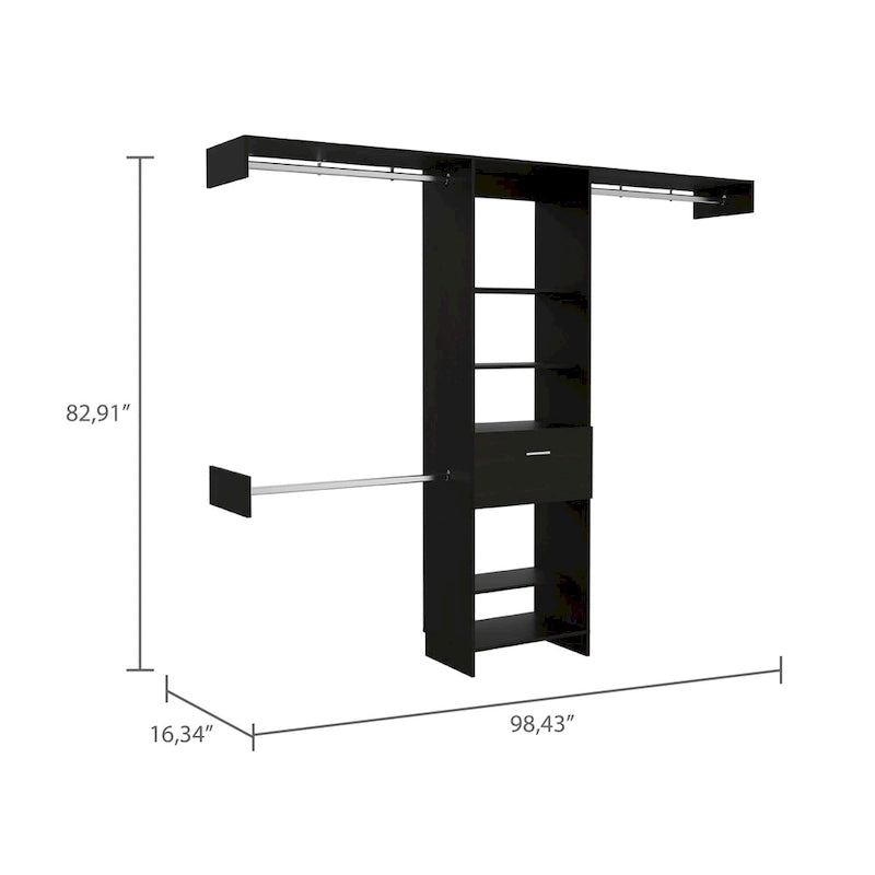 Sistema Armadio Cross con Cassetto, 3 Aste Metalliche e 5 Ripiani Aperti
