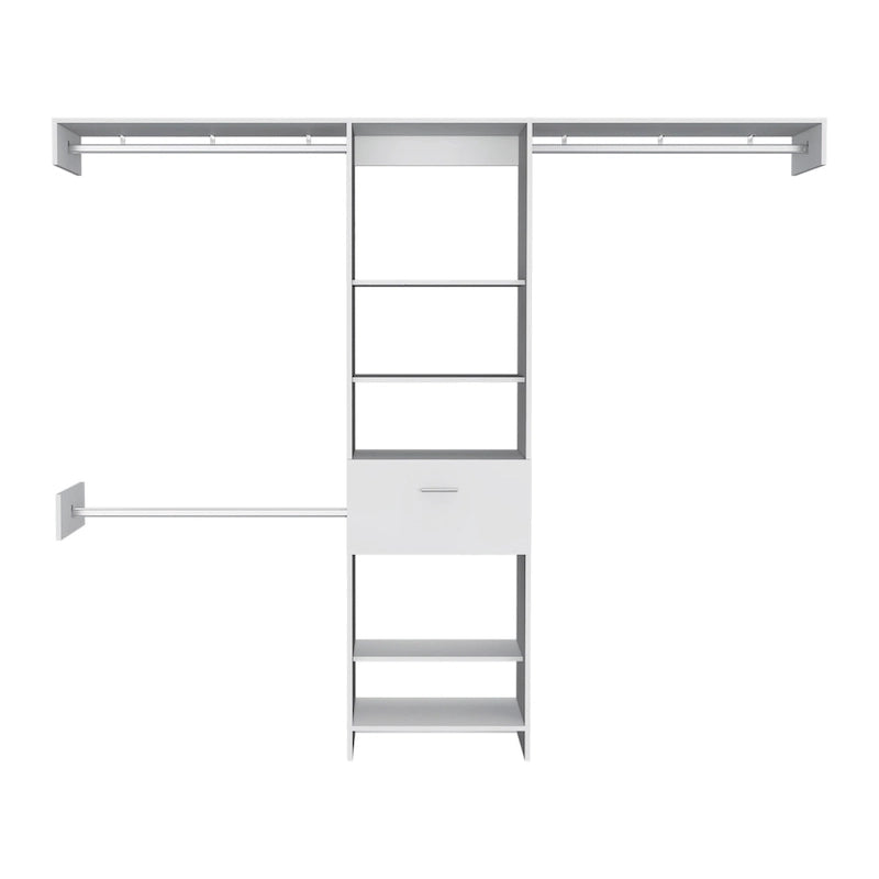 Sistema Armadio Cross con Cassetto, 3 Aste Metalliche e 5 Ripiani Aperti