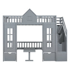 Letto a castello Twin-Over-Twin con tavolo convertibile, il letto a castello si trasforma in letto superiore e scrivania inferiore - Grigio