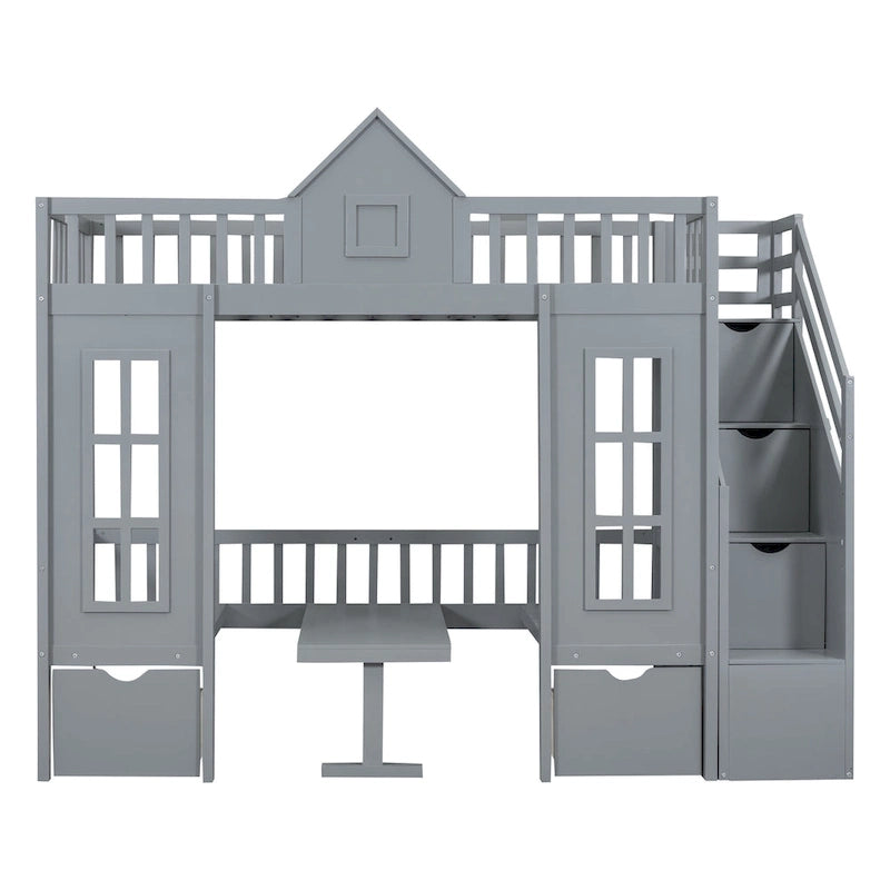 Letto a castello Twin-Over-Twin con tavolo convertibile, il letto a castello si trasforma in letto superiore e scrivania inferiore - Grigio