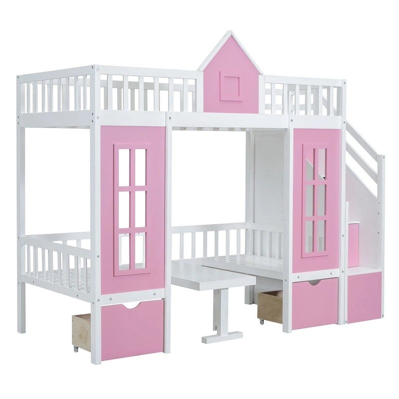 Letto a castello Twin-Over-Twin con tavolo convertibile, il letto a castello si trasforma in letto superiore e scrivania inferiore - Grigio