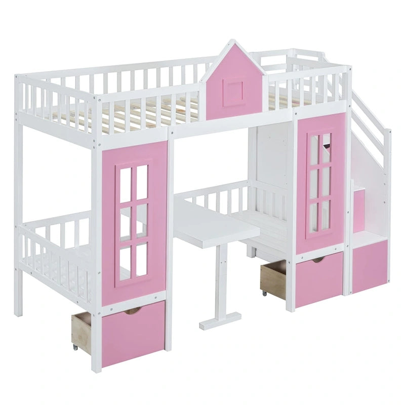 Letto a castello Twin-Over-Twin con tavolo convertibile, il letto a castello si trasforma in letto superiore e scrivania inferiore - Grigio