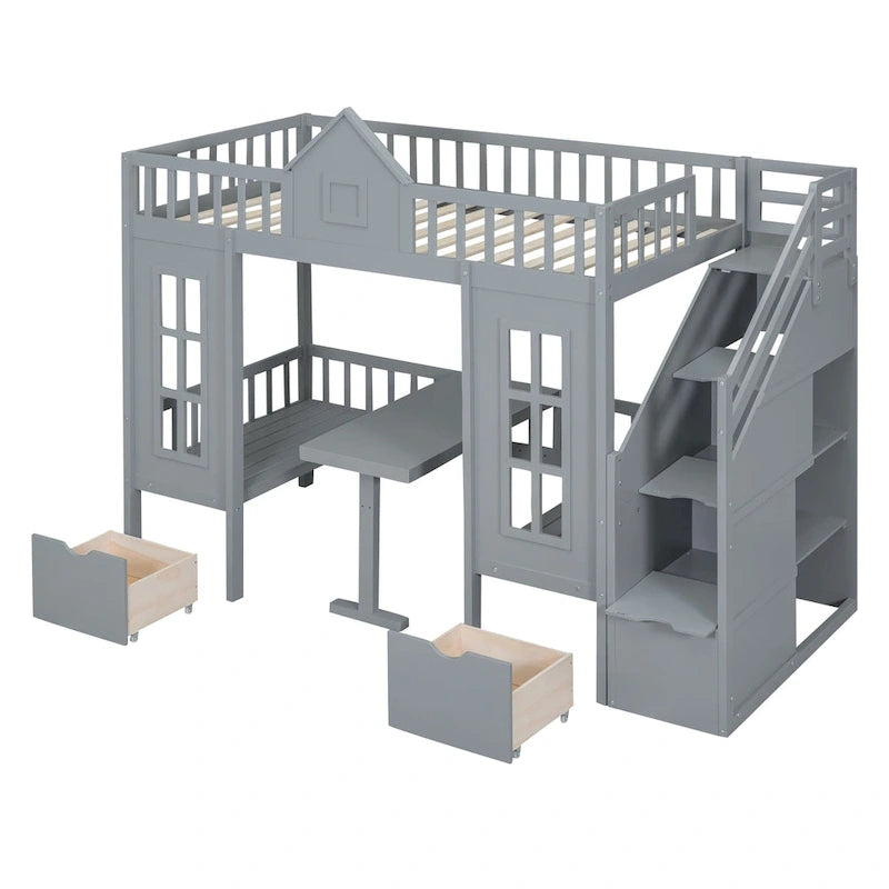 Letto a castello Twin-Over-Twin con tavolo convertibile, il letto a castello si trasforma in letto superiore e scrivania inferiore - Grigio