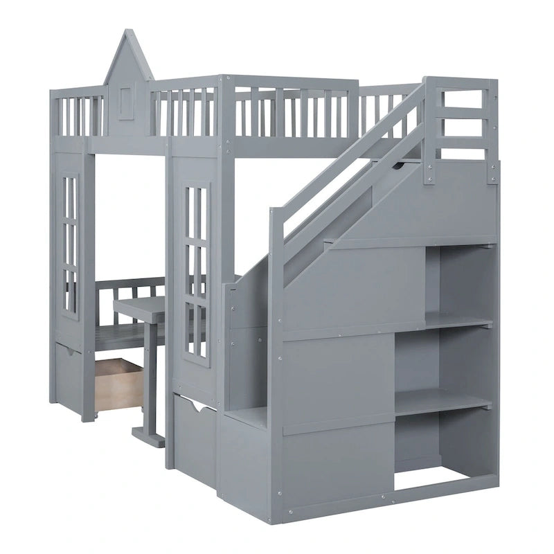 Letto a castello Twin-Over-Twin con tavolo convertibile, il letto a castello si trasforma in letto superiore e scrivania inferiore - Grigio