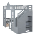 Letto a castello Twin-Over-Twin con tavolo convertibile, il letto a castello si trasforma in letto superiore e scrivania inferiore - Grigio