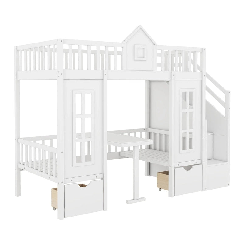 Letto a castello Twin-Over-Twin con tavolo convertibile, il letto a castello si trasforma in letto superiore e scrivania inferiore - Grigio