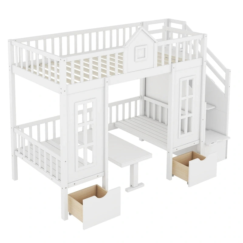 Letto a castello Twin-Over-Twin con tavolo convertibile, il letto a castello si trasforma in letto superiore e scrivania inferiore - Grigio