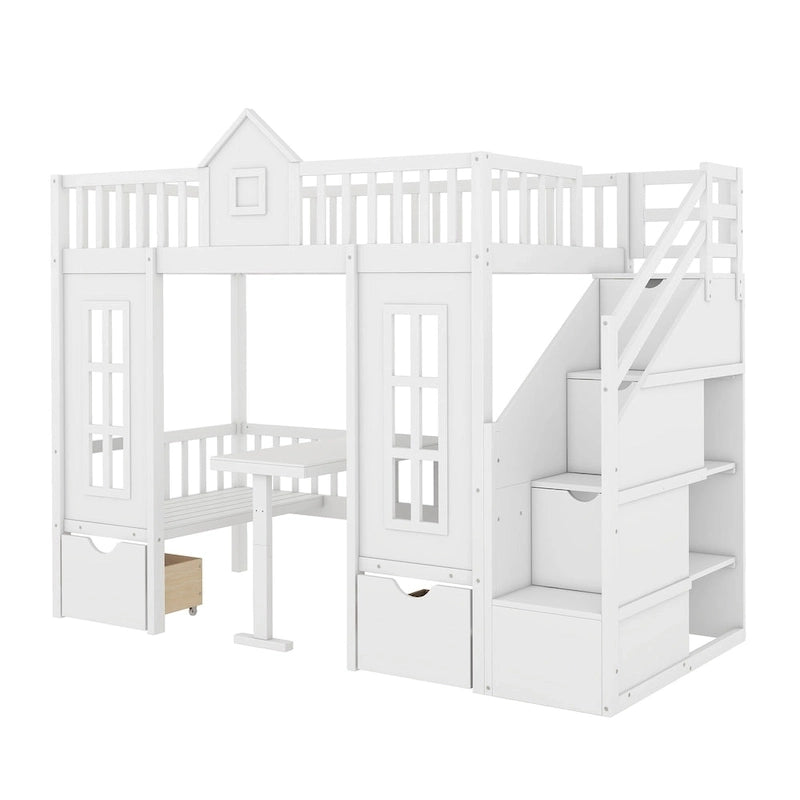 Letto a castello Twin-Over-Twin con tavolo convertibile, il letto a castello si trasforma in letto superiore e scrivania inferiore - Grigio