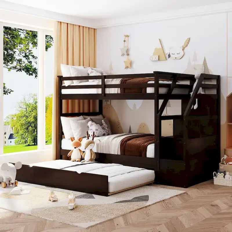 Twin-Over-Twin Bunk Bed with Twin Size Trundle and 3 Storage Stairs,Espresso