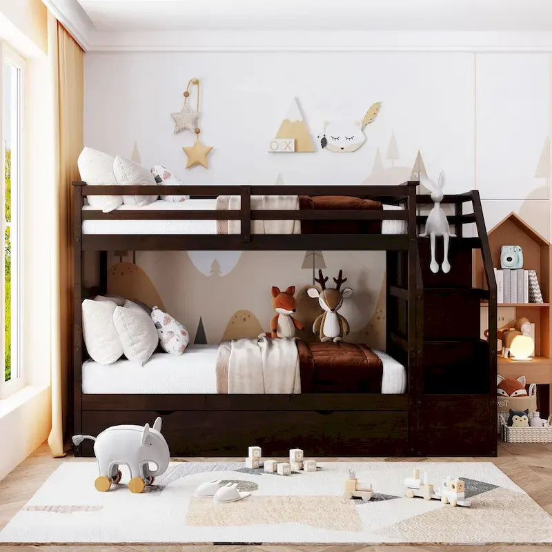 Letto a Castello Gemello con Letto Estraibile e 3 Gradini Contenitore, Espresso