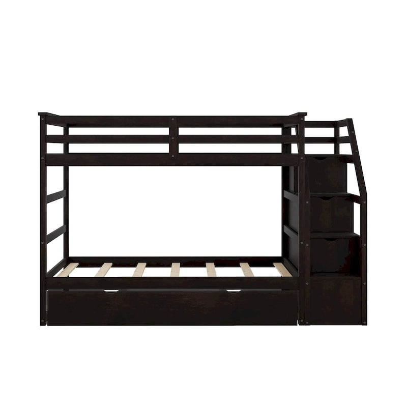 Letto a Castello Gemello con Letto Estraibile e 3 Gradini Contenitore, Espresso