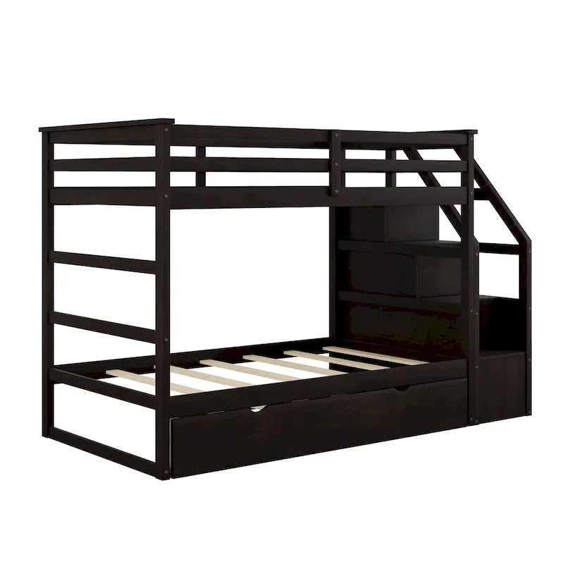Letto a Castello Gemello con Letto Estraibile e 3 Gradini Contenitore, Espresso