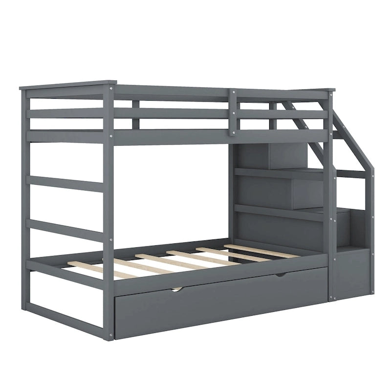Letto a Castello Gemello con Letto Estraibile e 3 Gradini Contenitore, Espresso