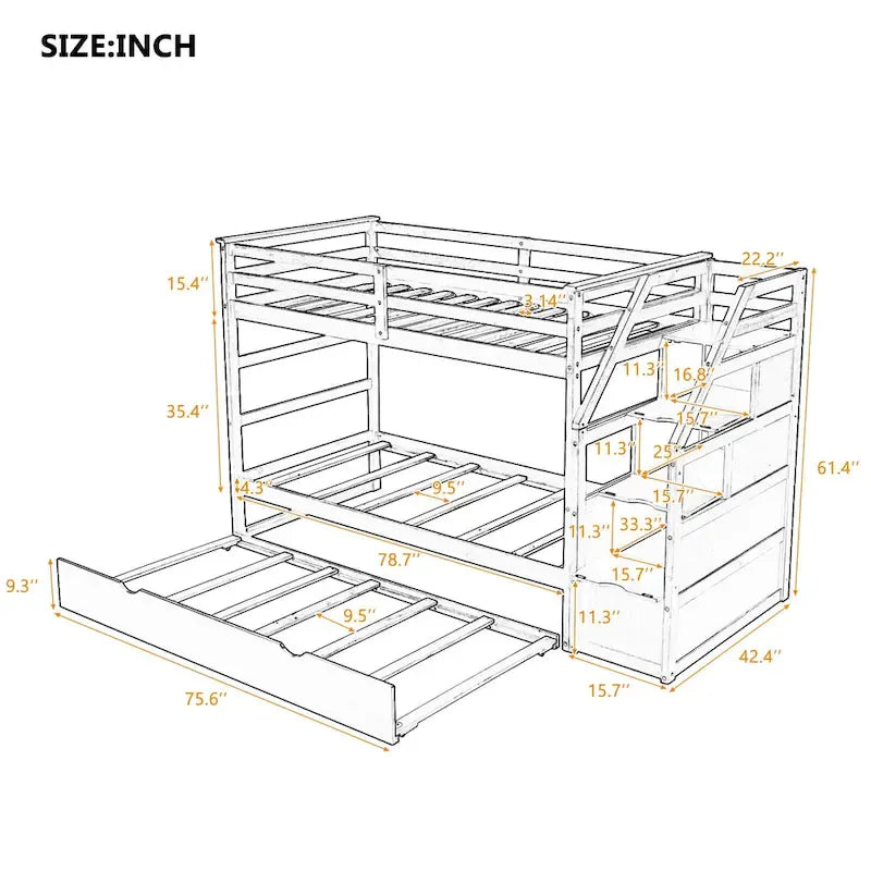 Letto a Castello Gemello con Letto Estraibile e 3 Gradini Contenitore, Espresso
