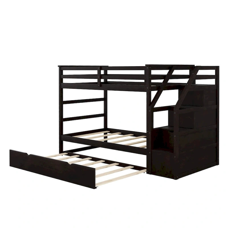 Letto a Castello Gemello con Letto Estraibile e 3 Gradini Contenitore, Espresso